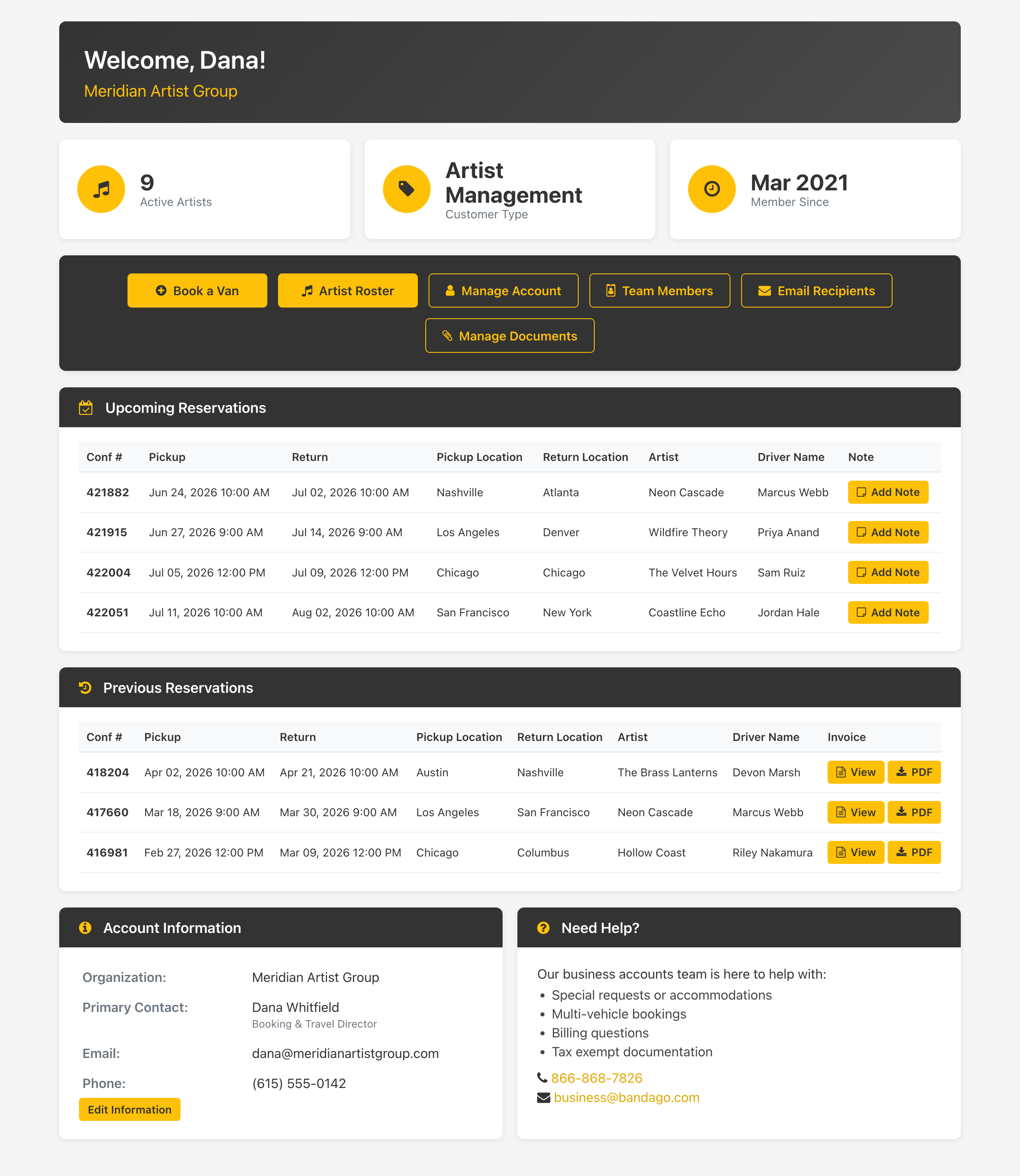 Bandago VIP Business dashboard showing an artist agency's upcoming and previous tour van reservations